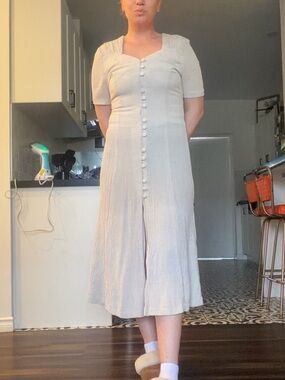Vintage Button-Front linen blend Midi Dress in Light Beige